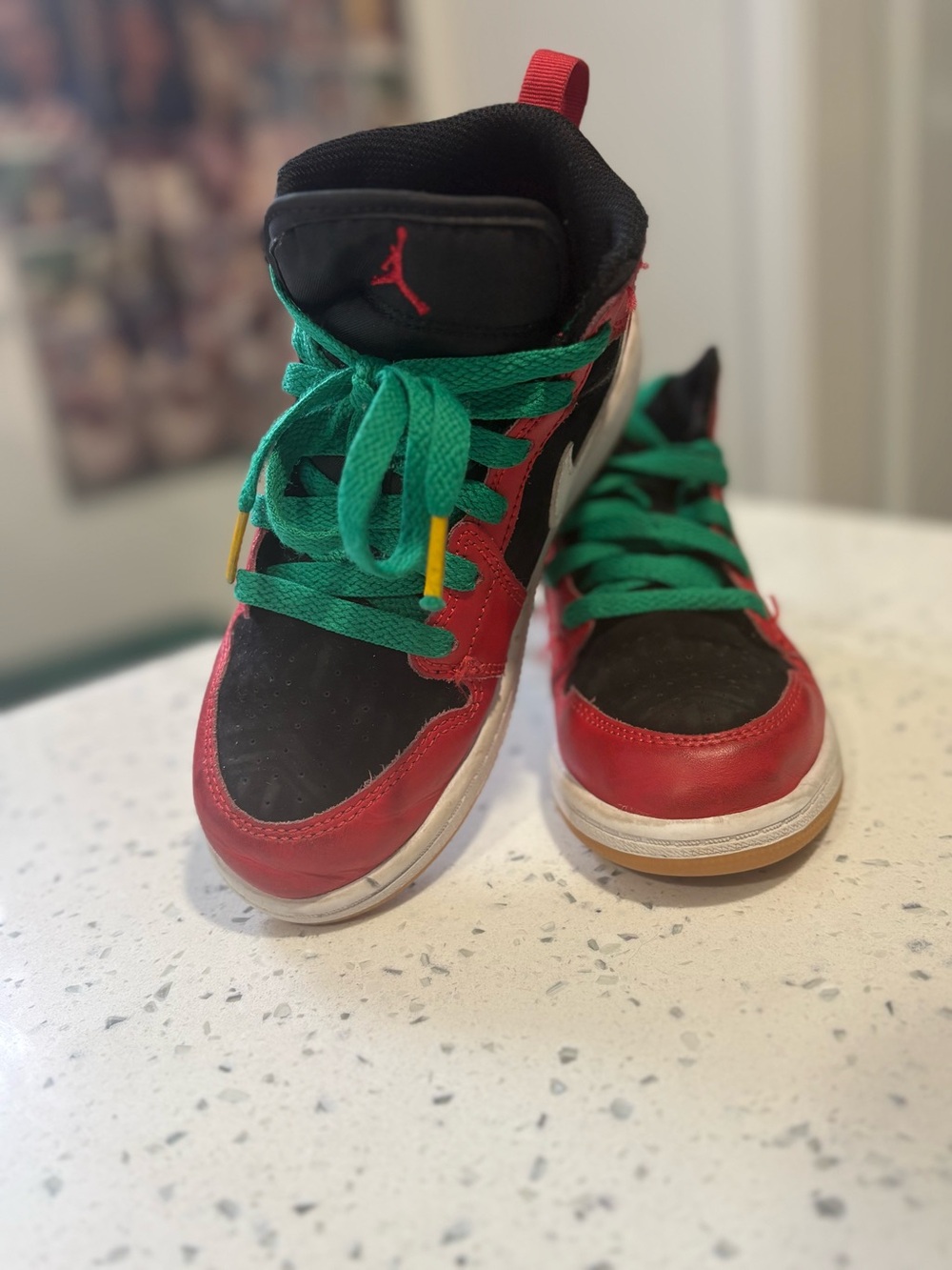 Jordan Kids' Red and Black High-Top Sneakers with Green Laces